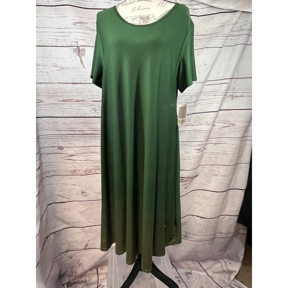 LuLaRoe Carly Dress XL Green Gold Shimmer Ombre Short Sleeve High Low Swing Midi